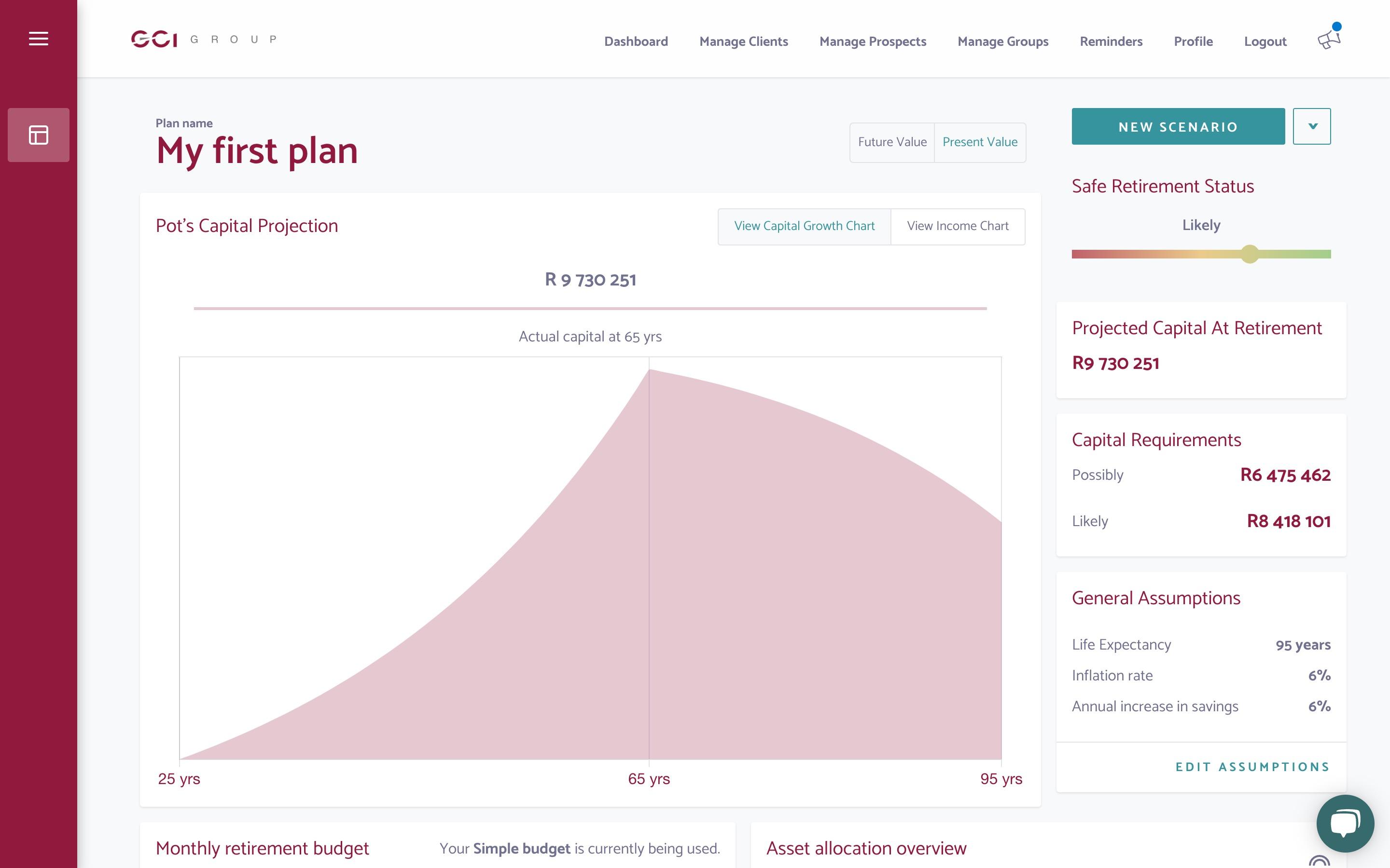 Wealthbit's financial planning dashboard screenshot styled in momentum-my-future-corporate's brands logos and colours