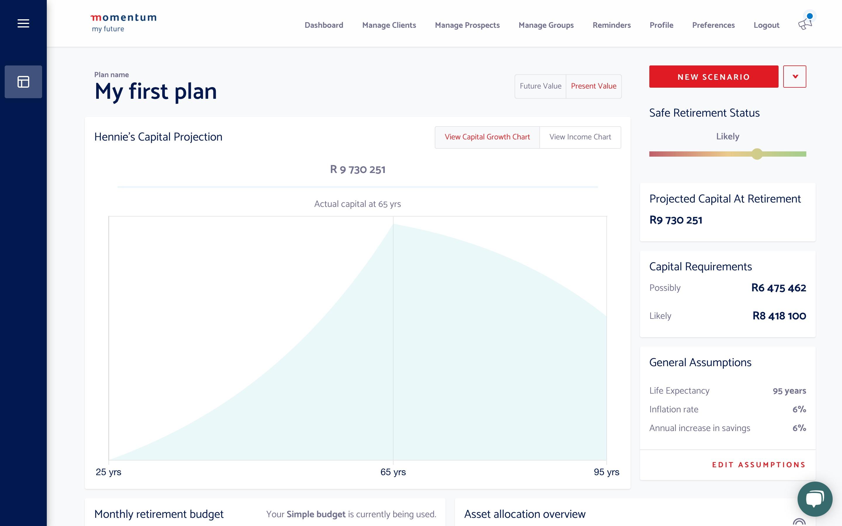 Wealthbit's financial planning dashboard screenshot styled in momentum-my-future-corporate's brands logos and colours